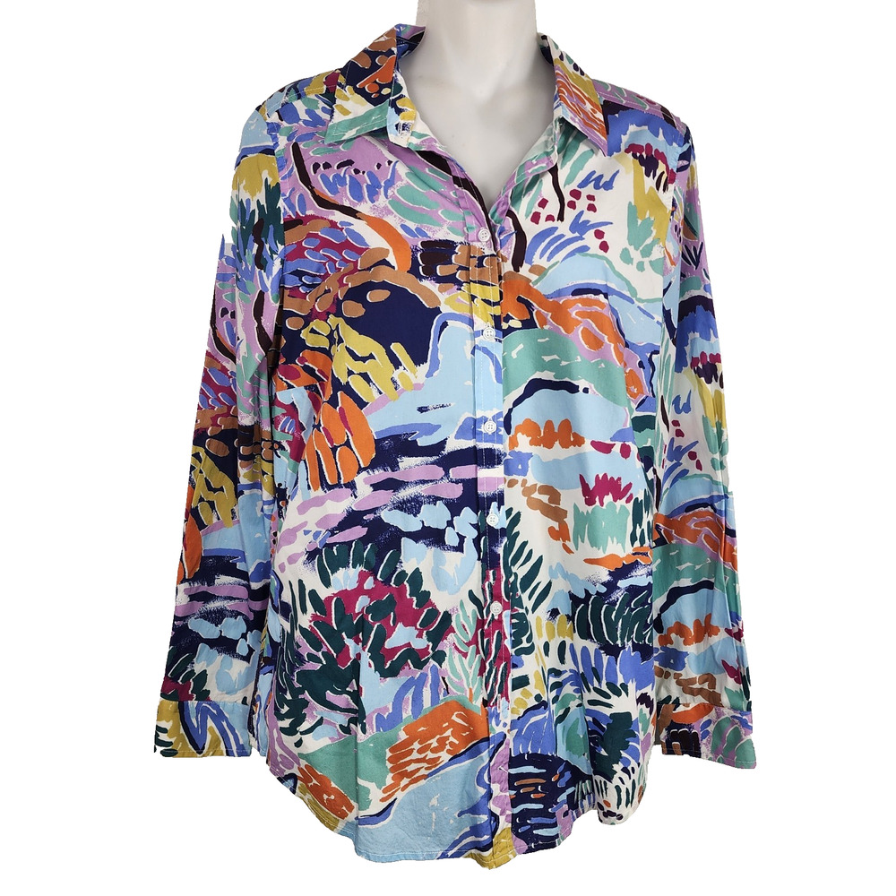 FDJ French Dressing Printed Doplin Shirt Abstract Landscape Button Artsy Size 6